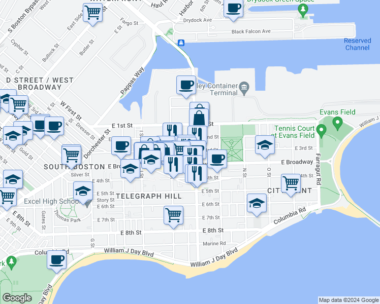 map of restaurants, bars, coffee shops, grocery stores, and more near in Boston