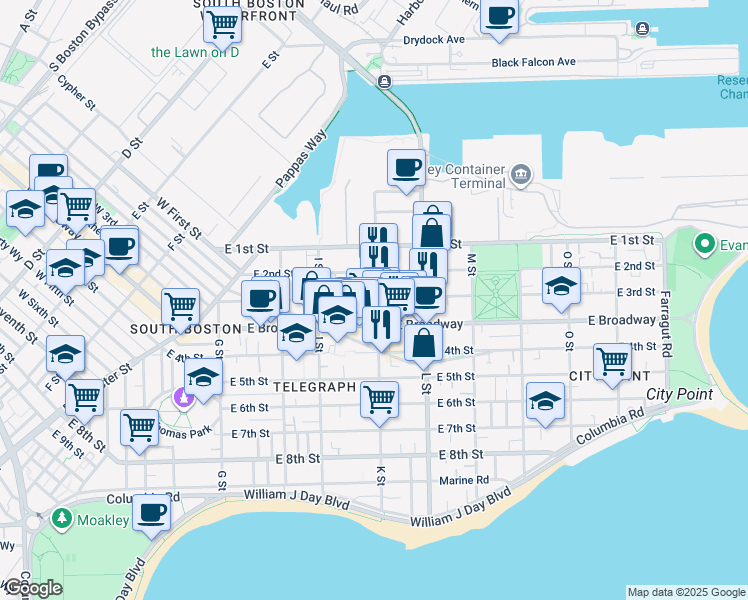 map of restaurants, bars, coffee shops, grocery stores, and more near 3 K Street Place in Boston