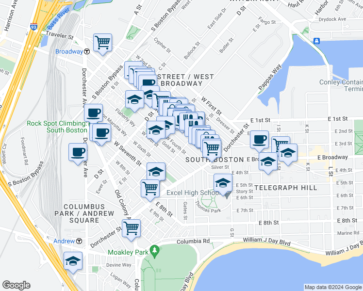 map of restaurants, bars, coffee shops, grocery stores, and more near 104 F Street in Boston