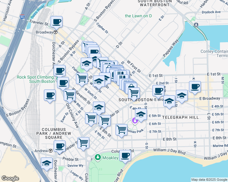 map of restaurants, bars, coffee shops, grocery stores, and more near 104 F Street in Boston