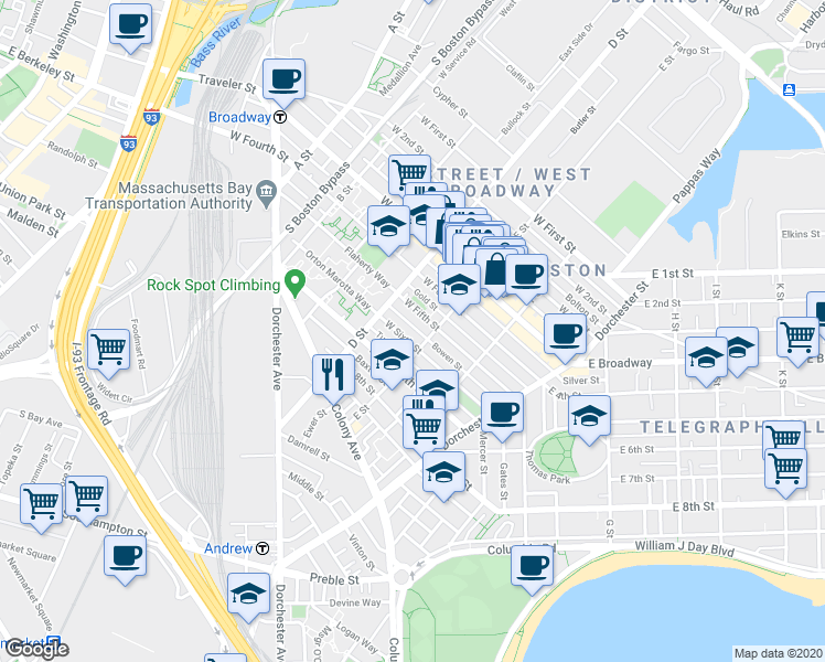 map of restaurants, bars, coffee shops, grocery stores, and more near in Boston