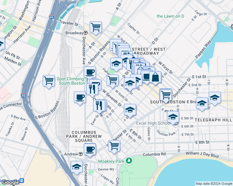map of restaurants, bars, coffee shops, grocery stores, and more near in Boston