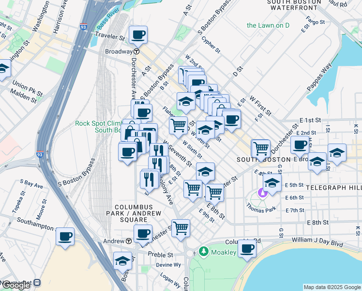 map of restaurants, bars, coffee shops, grocery stores, and more near 114 West Seventh Street in Boston