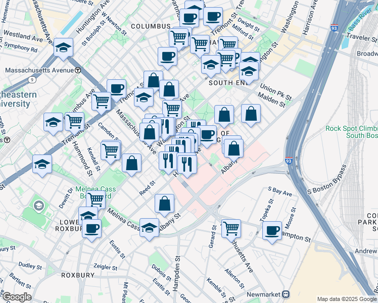 map of restaurants, bars, coffee shops, grocery stores, and more near 33 Worcester Square in Boston