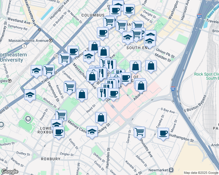 map of restaurants, bars, coffee shops, grocery stores, and more near 33 Worcester Square in Boston