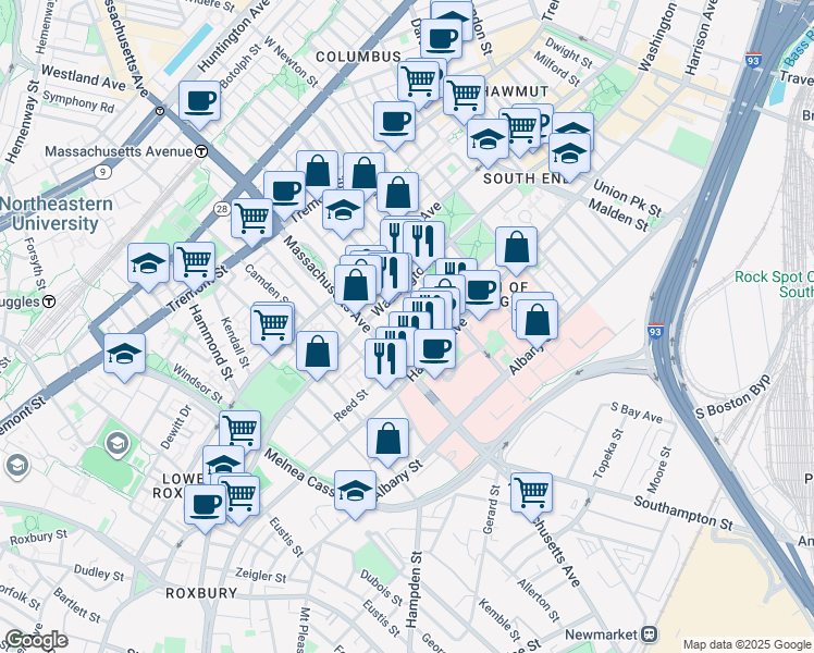 map of restaurants, bars, coffee shops, grocery stores, and more near 668 Massachusetts Avenue in Boston