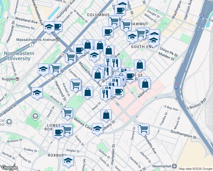 map of restaurants, bars, coffee shops, grocery stores, and more near 668 Massachusetts Avenue in Boston