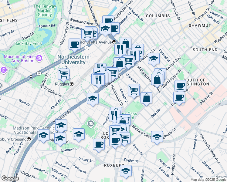 map of restaurants, bars, coffee shops, grocery stores, and more near 10 Sussex Street in Boston