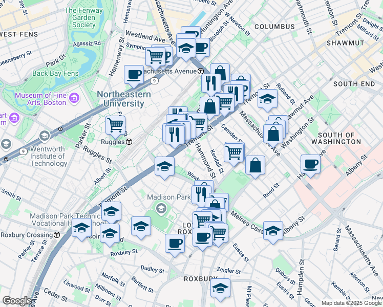map of restaurants, bars, coffee shops, grocery stores, and more near 10 Sussex Street in Boston