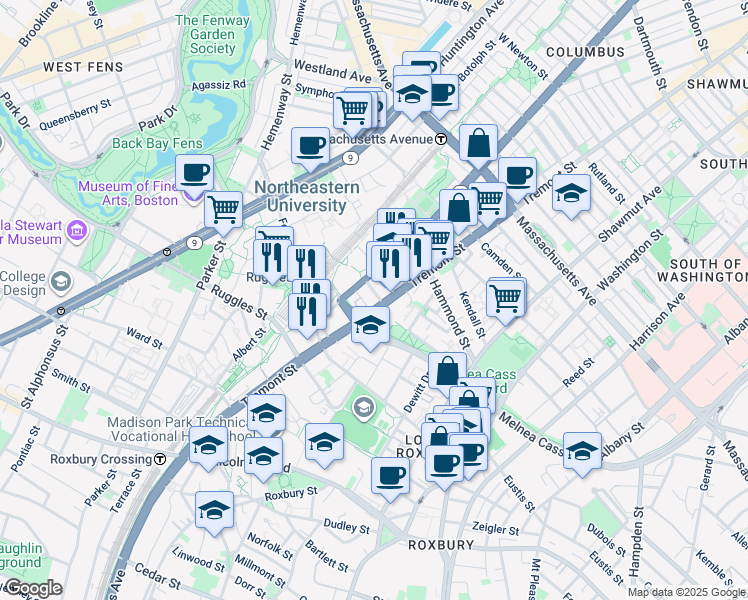 map of restaurants, bars, coffee shops, grocery stores, and more near 1065 Tremont Street in Boston