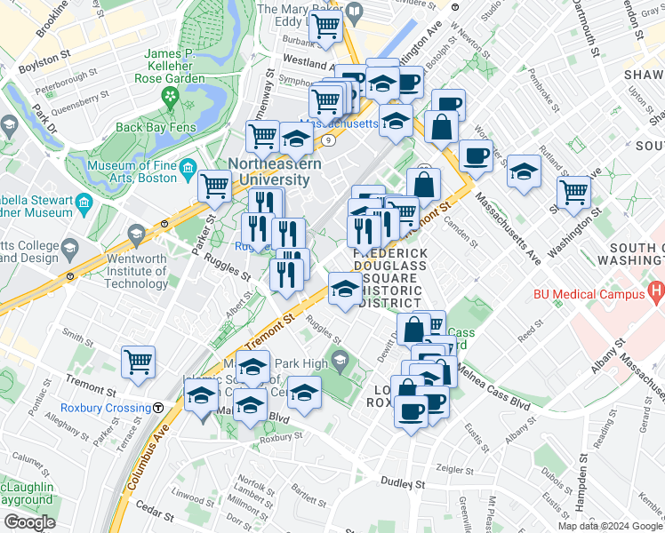 map of restaurants, bars, coffee shops, grocery stores, and more near 1065 Tremont Street in Boston