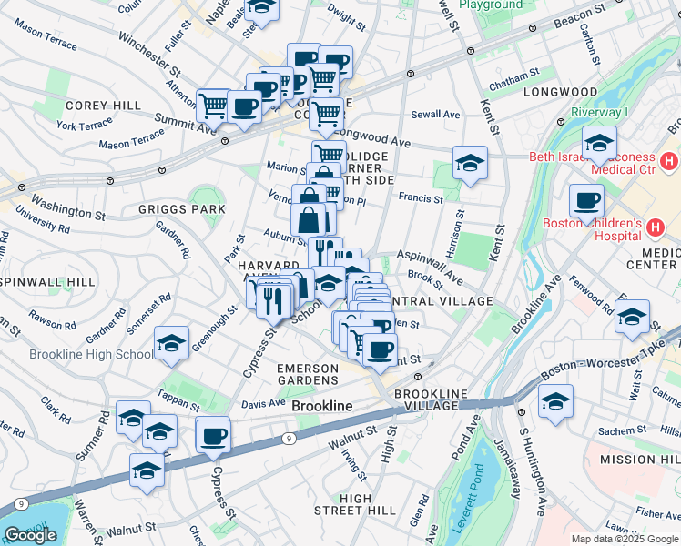 map of restaurants, bars, coffee shops, grocery stores, and more near 4 Harvard Place in Brookline