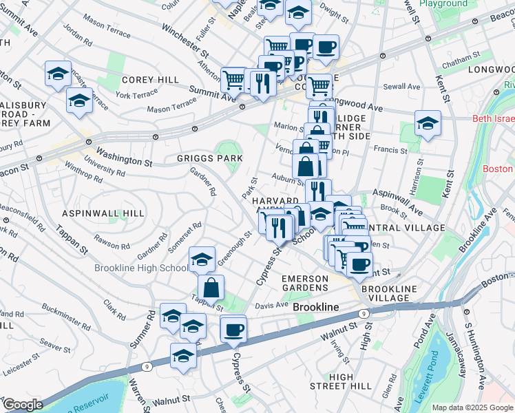 map of restaurants, bars, coffee shops, grocery stores, and more near 454 Washington Street in Brookline