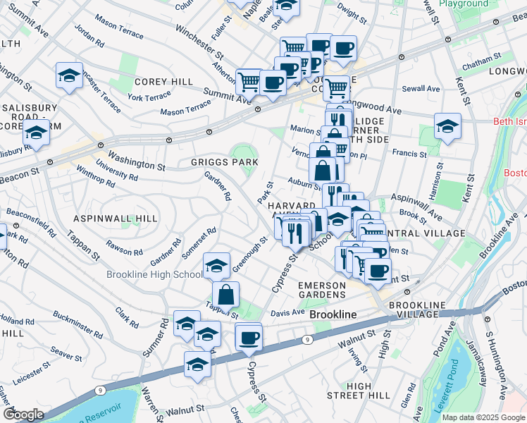 map of restaurants, bars, coffee shops, grocery stores, and more near 454 Washington Street in Brookline