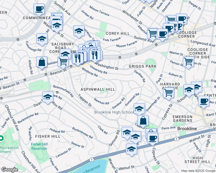 map of restaurants, bars, coffee shops, grocery stores, and more near 99 Addington Road in Brookline