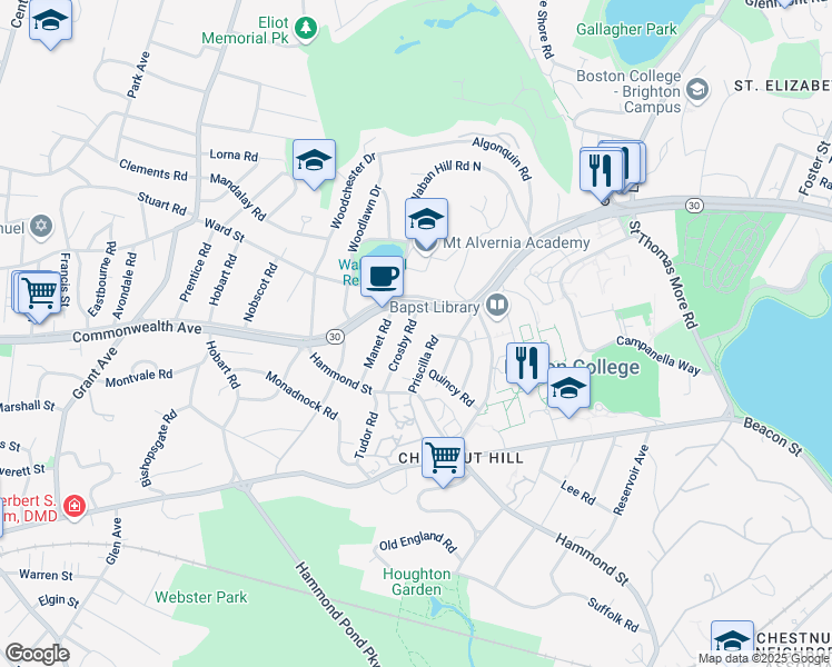 map of restaurants, bars, coffee shops, grocery stores, and more near 36 Crosby Road in Newton