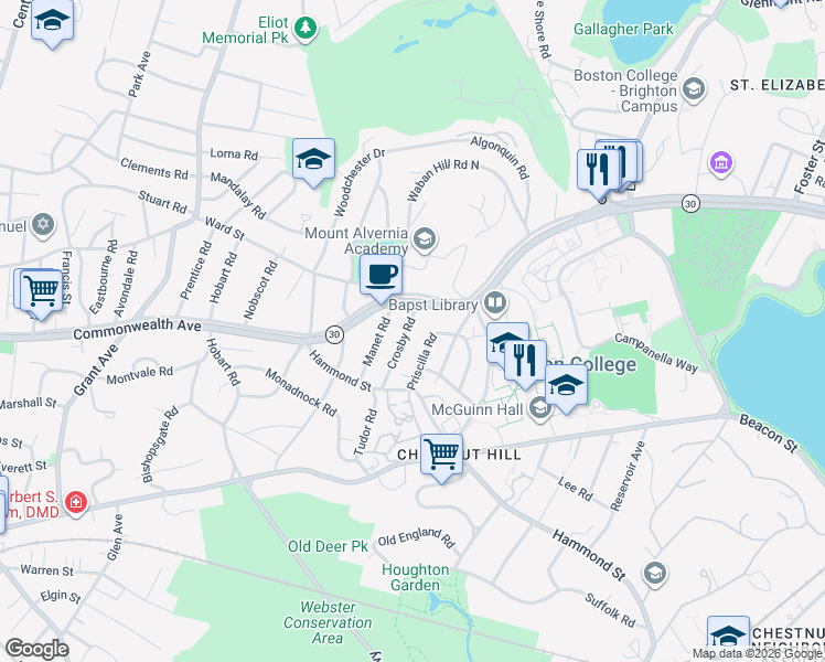 map of restaurants, bars, coffee shops, grocery stores, and more near 36 Crosby Road in Newton