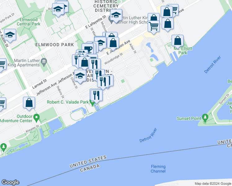 map of restaurants, bars, coffee shops, grocery stores, and more near 100 River Place Drive in Detroit