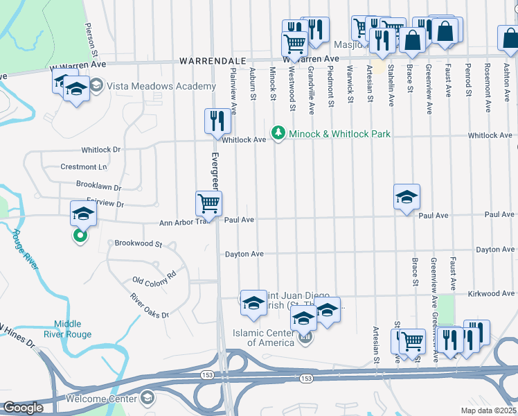 map of restaurants, bars, coffee shops, grocery stores, and more near 6312 Auburn Street in Detroit