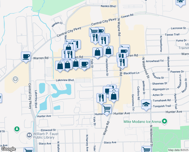 map of restaurants, bars, coffee shops, grocery stores, and more near 6860 Yale Street in Westland