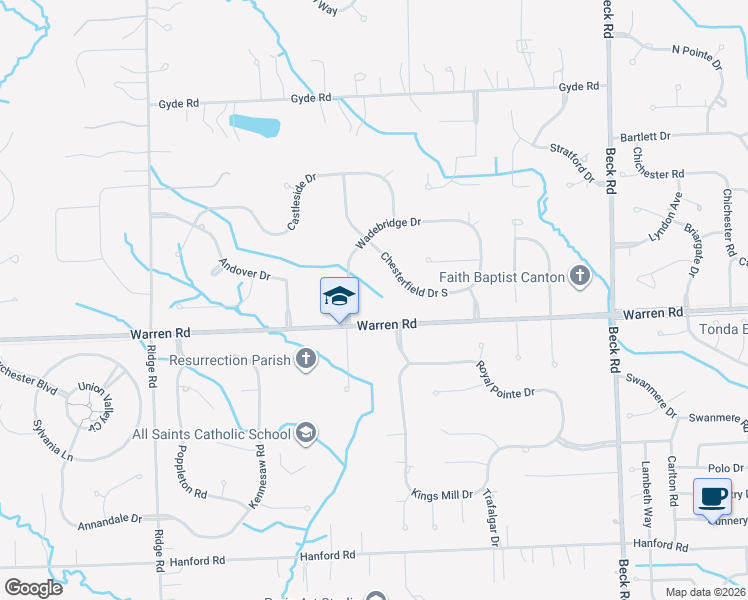 map of restaurants, bars, coffee shops, grocery stores, and more near 7214 Wadebridge Drive in Canton