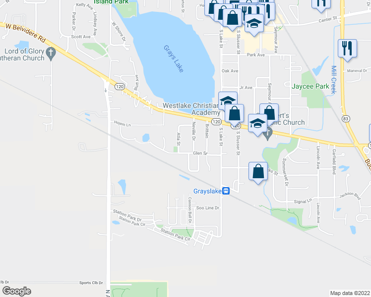 map of restaurants, bars, coffee shops, grocery stores, and more near 150 Glen Street in Grayslake