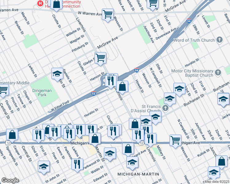 map of restaurants, bars, coffee shops, grocery stores, and more near 4927 Livernois in Detroit