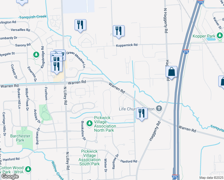 map of restaurants, bars, coffee shops, grocery stores, and more near 7096 Foxridge Drive in Canton