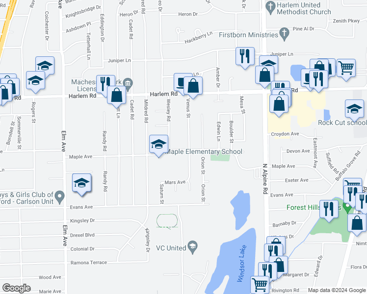 map of restaurants, bars, coffee shops, grocery stores, and more near 1640 Maple Avenue in Loves Park