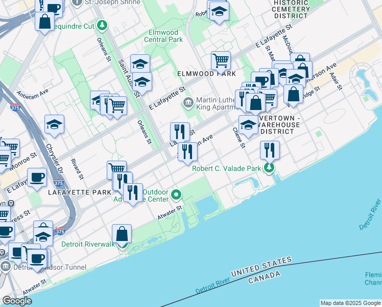 map of restaurants, bars, coffee shops, grocery stores, and more near 2016 East Jefferson Avenue in Detroit