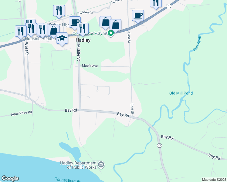 map of restaurants, bars, coffee shops, grocery stores, and more near Scott Ln in Hadley