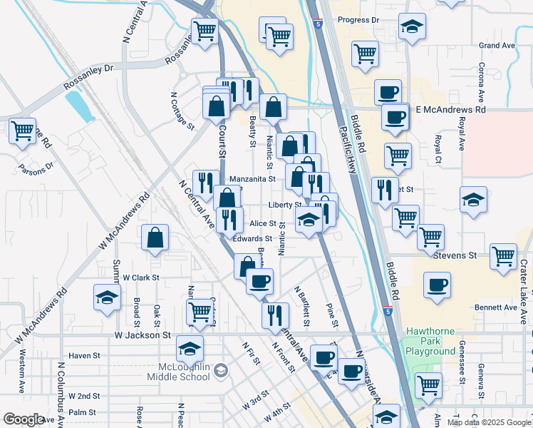 map of restaurants, bars, coffee shops, grocery stores, and more near 600 North Central Avenue in Medford