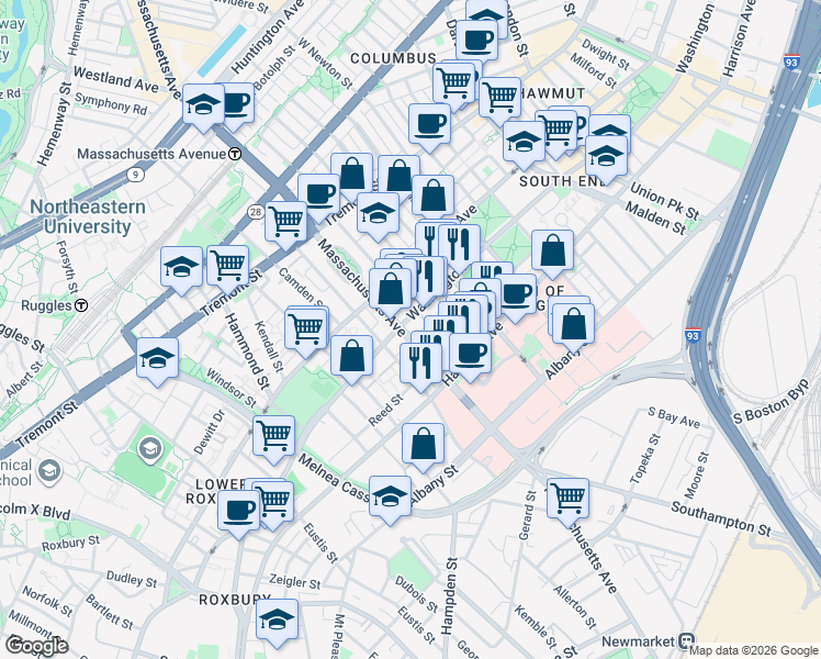 map of restaurants, bars, coffee shops, grocery stores, and more near 668 Massachusetts Avenue in Boston