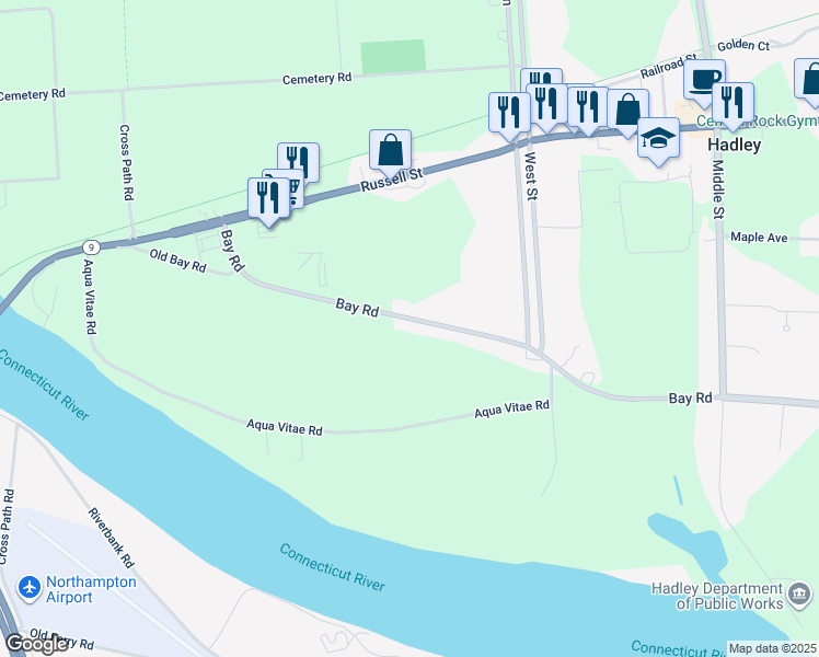map of restaurants, bars, coffee shops, grocery stores, and more near 53 Bay Road in Hadley