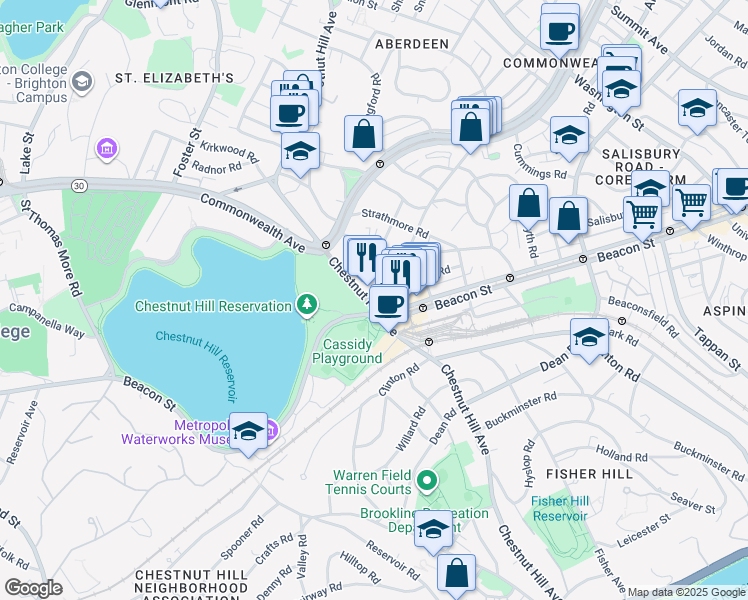 map of restaurants, bars, coffee shops, grocery stores, and more near 374 Chestnut Hill Avenue in Boston