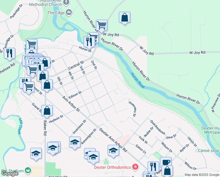 map of restaurants, bars, coffee shops, grocery stores, and more near 3621 Hudson Street in Dexter