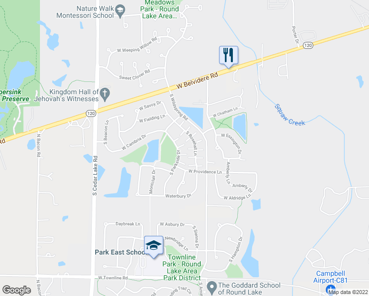 map of restaurants, bars, coffee shops, grocery stores, and more near 668 South Rosehall Lane in Round Lake