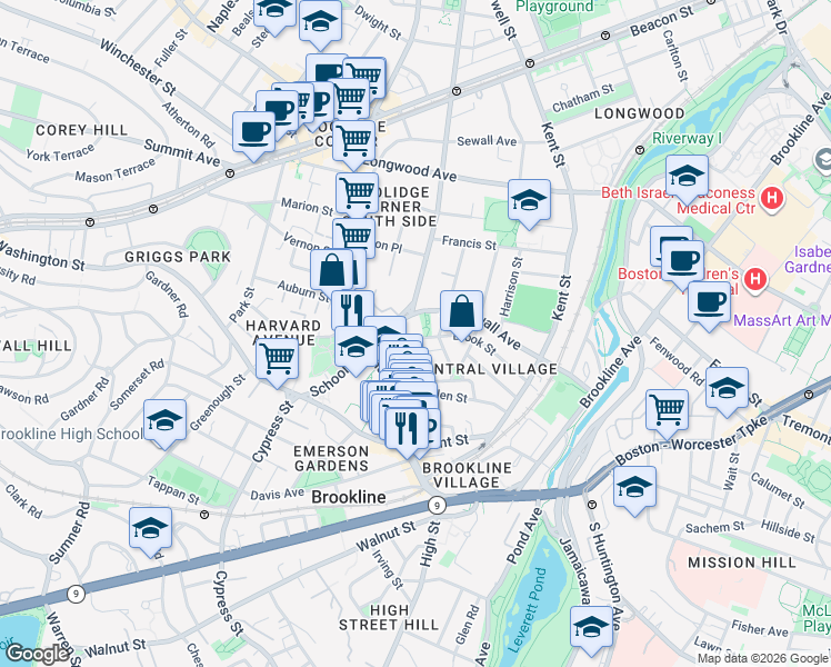 map of restaurants, bars, coffee shops, grocery stores, and more near 131 Brook Street in Brookline