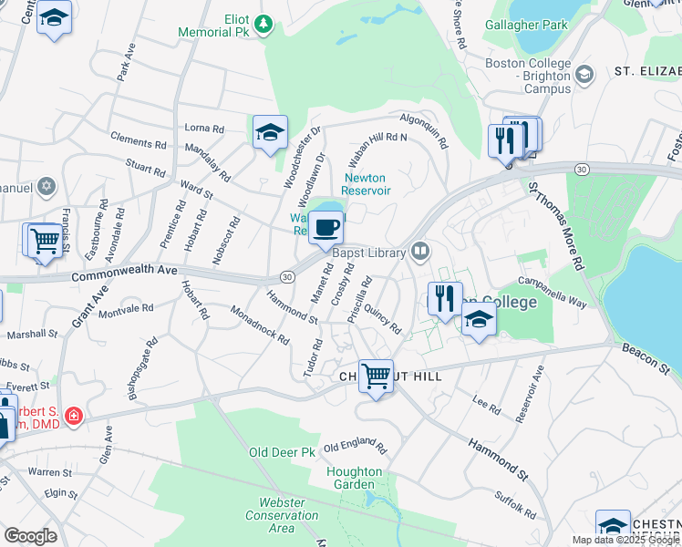 map of restaurants, bars, coffee shops, grocery stores, and more near 36 Crosby Road in Newton