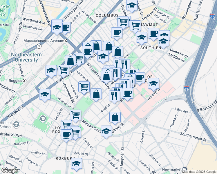 map of restaurants, bars, coffee shops, grocery stores, and more near Massachusetts Ave & Washington St in Boston