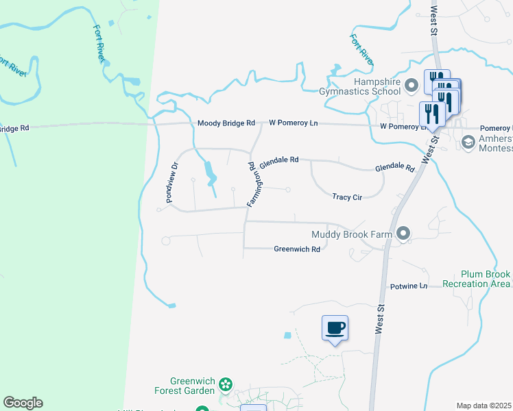map of restaurants, bars, coffee shops, grocery stores, and more near 85 Longmeadow Drive in Amherst