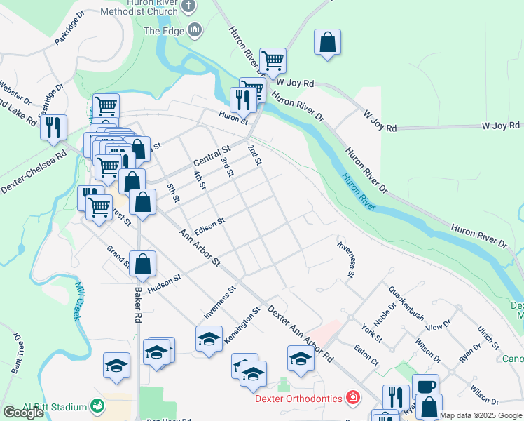 map of restaurants, bars, coffee shops, grocery stores, and more near 7740 3rd Street in Dexter