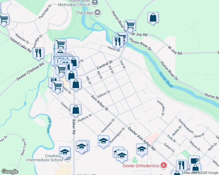 map of restaurants, bars, coffee shops, grocery stores, and more near 3434 Edison Street in Dexter