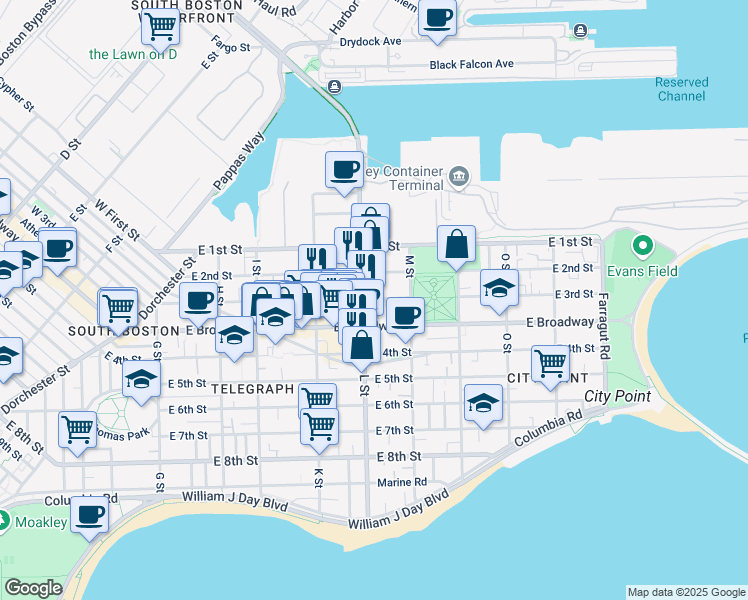 map of restaurants, bars, coffee shops, grocery stores, and more near 29 Court Square in Boston
