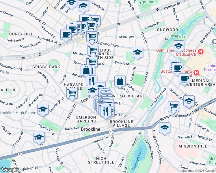 map of restaurants, bars, coffee shops, grocery stores, and more near 13 Tabor Place in Brookline