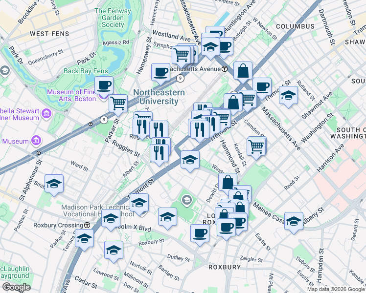 map of restaurants, bars, coffee shops, grocery stores, and more near 22 Saint Cyprians Place in Boston