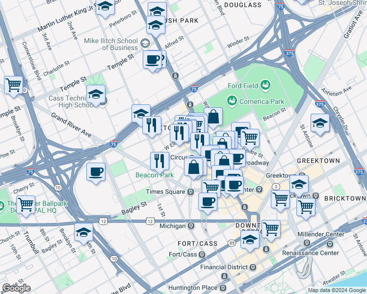 map of restaurants, bars, coffee shops, grocery stores, and more near 2001 Park Avenue in Detroit