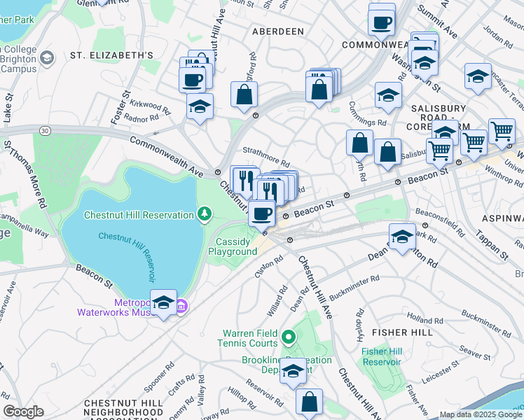 map of restaurants, bars, coffee shops, grocery stores, and more near 358 Chestnut Hill Avenue in Boston