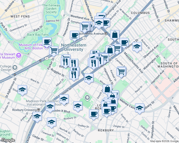 map of restaurants, bars, coffee shops, grocery stores, and more near 1065 Tremont Street in Boston