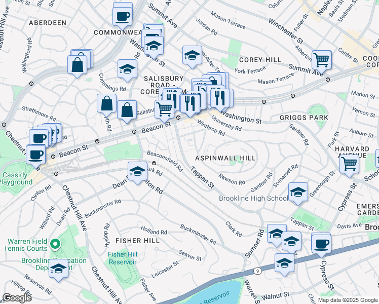 map of restaurants, bars, coffee shops, grocery stores, and more near 299 Tappan Street in Brookline